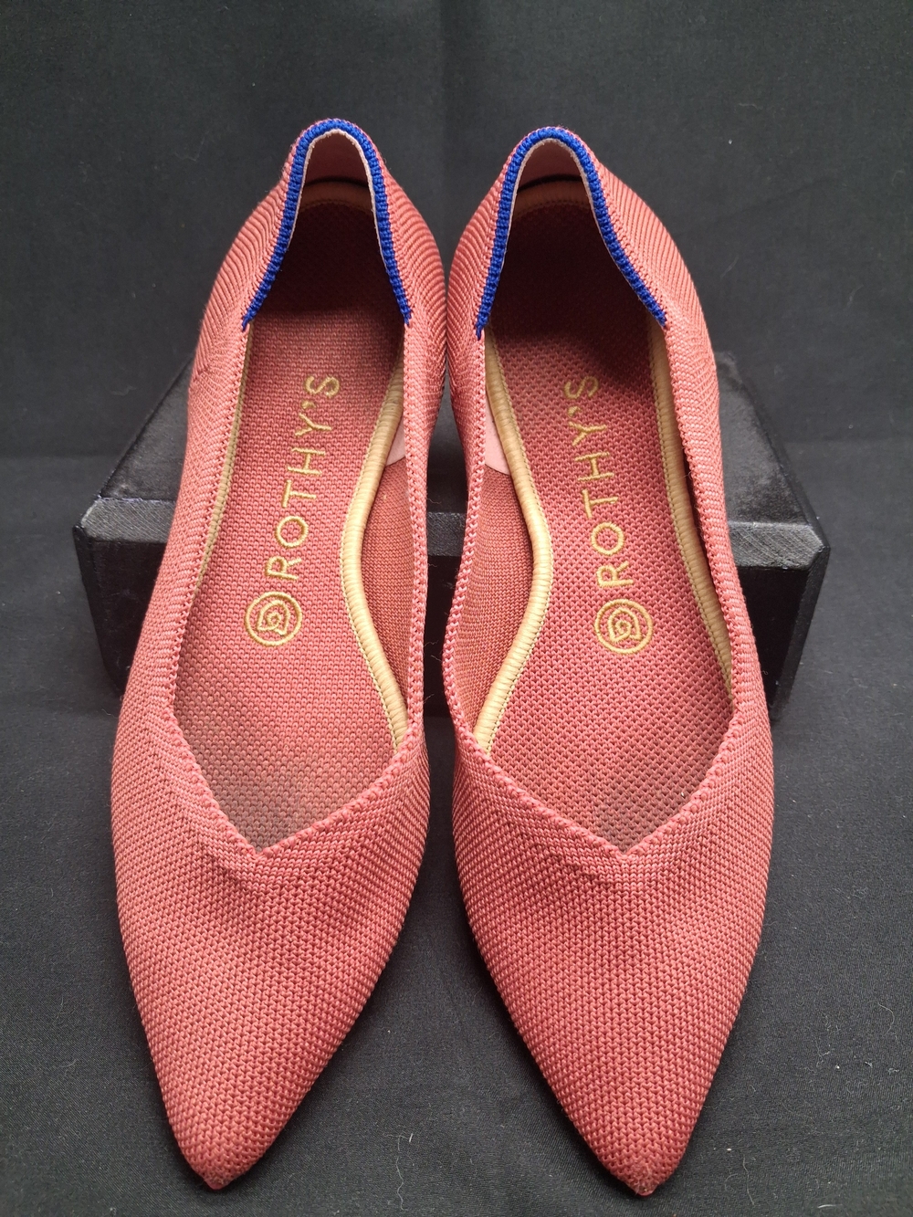 Rothy's Coral Knit Pointed Flats with Blue Trim